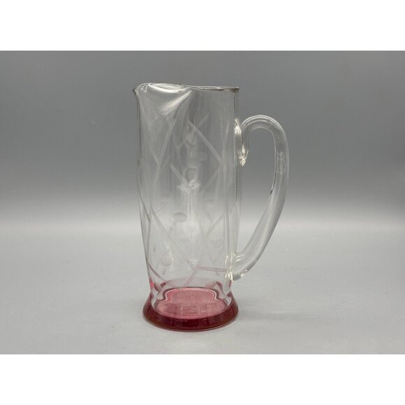 Vintage Mid Century Modern Pink Base Etched Cocktail Pitcher - Picture 1 of 8